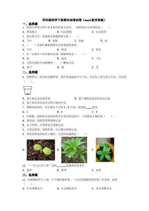 四年级科学下册期末试卷试卷(word版含答案)