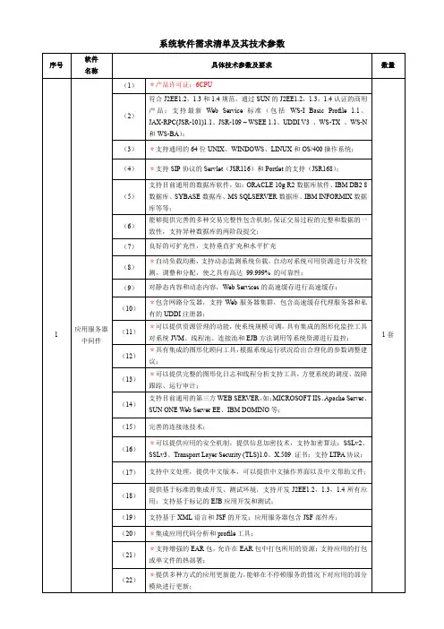 系统软件需求清单及其技术参数