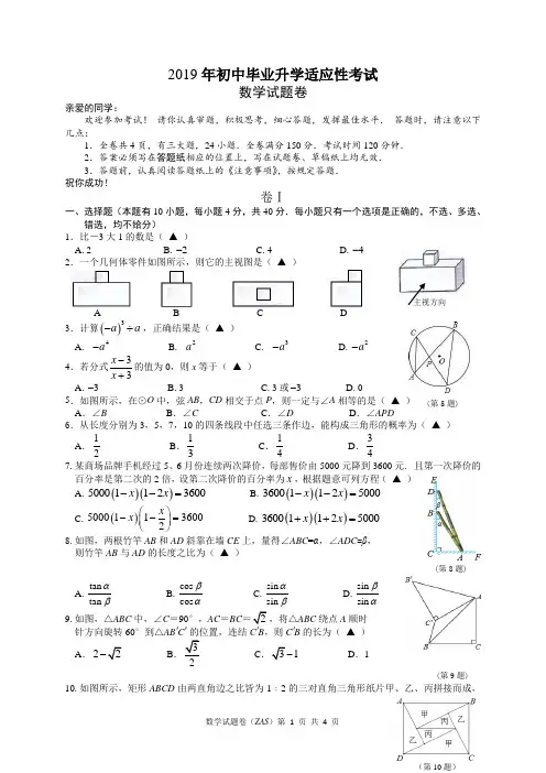 2019年初中毕业升学考试适应性考试数学试题卷