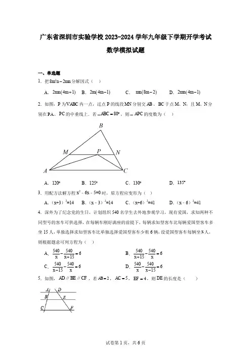 广东省深圳市实验学校2023-2024学年九年级下学期开学考试数学模拟试题