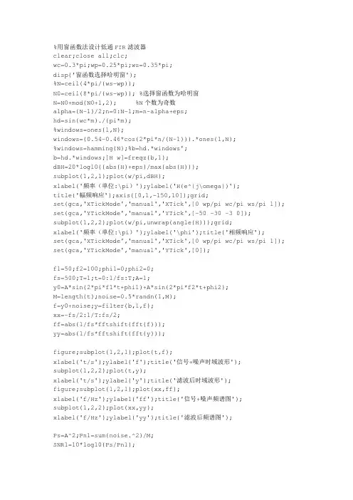 用窗函数法设计低通FIR滤波器