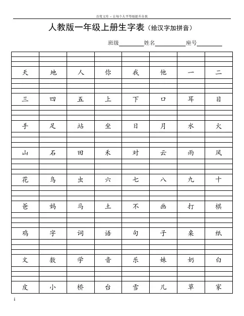 人教版一年级上册生字表(给汉字加拼音)