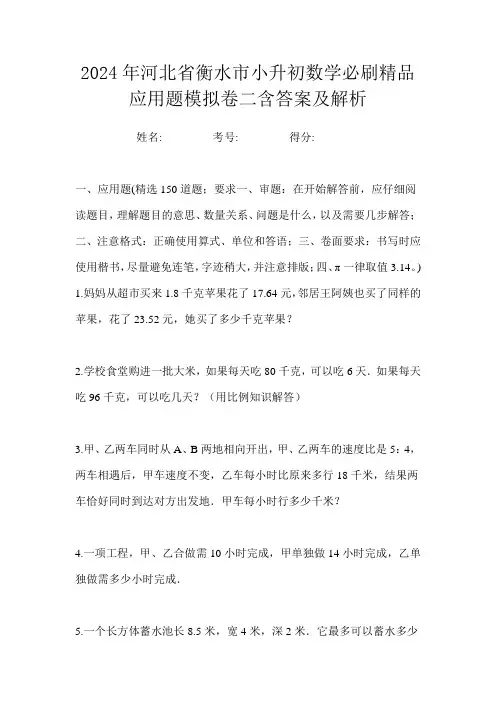 2024年河北省衡水市小升初数学必刷精品应用题模拟卷二含答案及解析