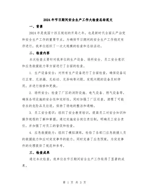 2024年节日期间安全生产工作大检查总结范文