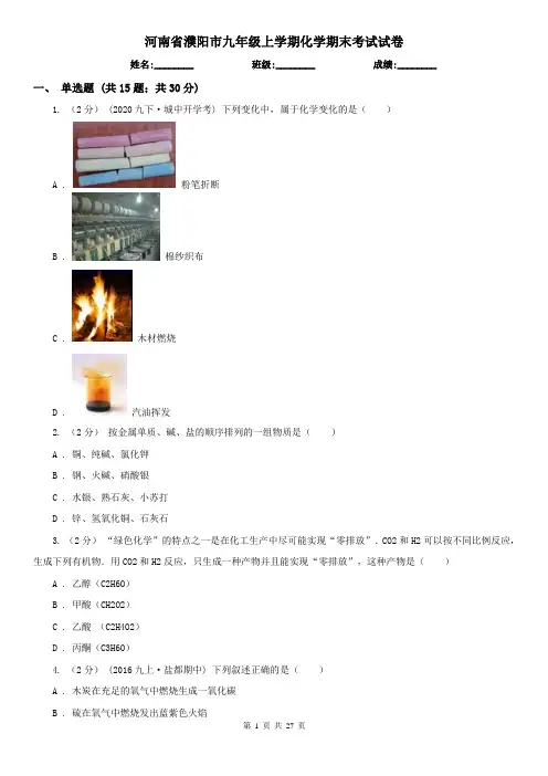 河南省濮阳市九年级上学期化学期末考试试卷