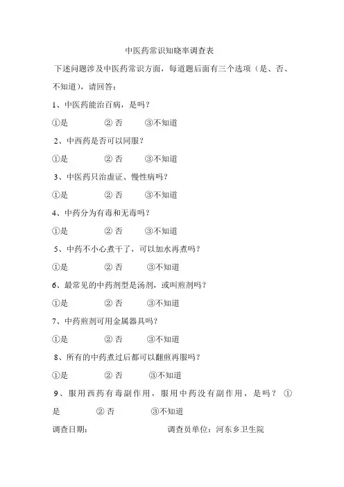 中医药常识知晓率调查表