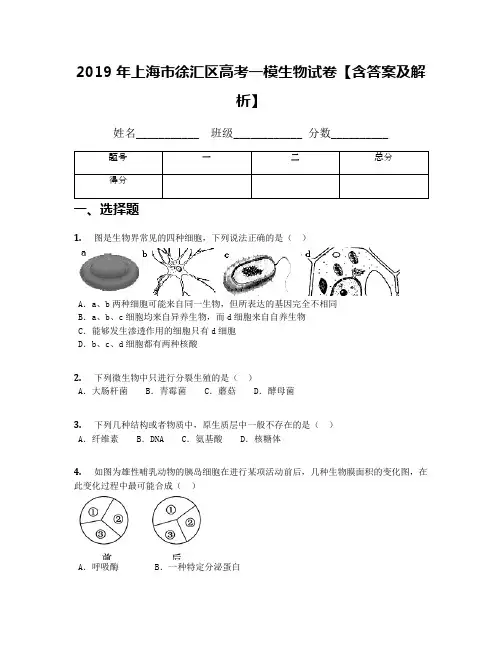 2019年上海市徐汇区高考一模生物试卷【含答案及解析】