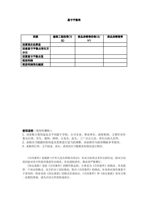 盈亏平衡表