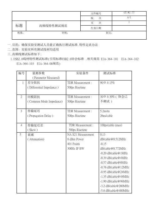 线材行业高频线性能测试规范
