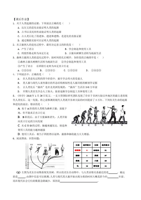 人教版生物七年级下册人类的起源和发展 同步练习