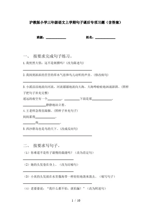 沪教版小学三年级语文上学期句子课后专项习题(含答案)