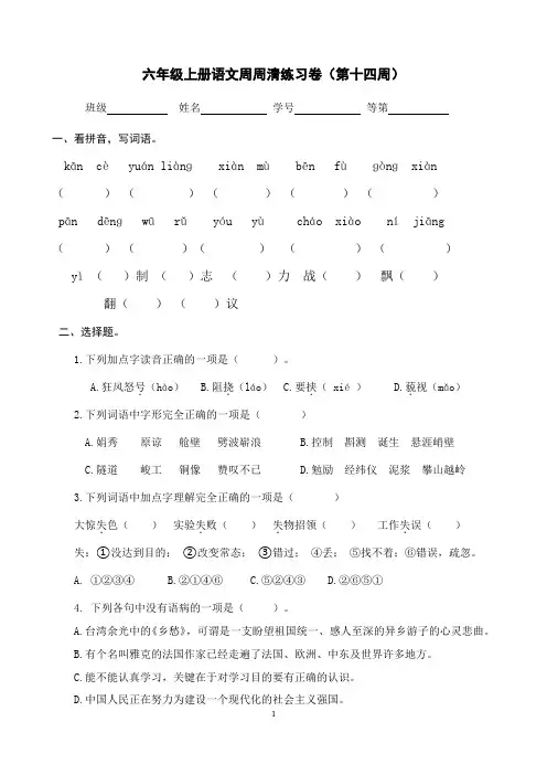 语文六年级上册周周清14