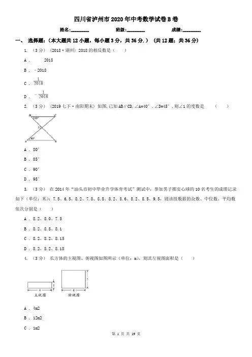 四川省泸州市2020年中考数学试卷B卷