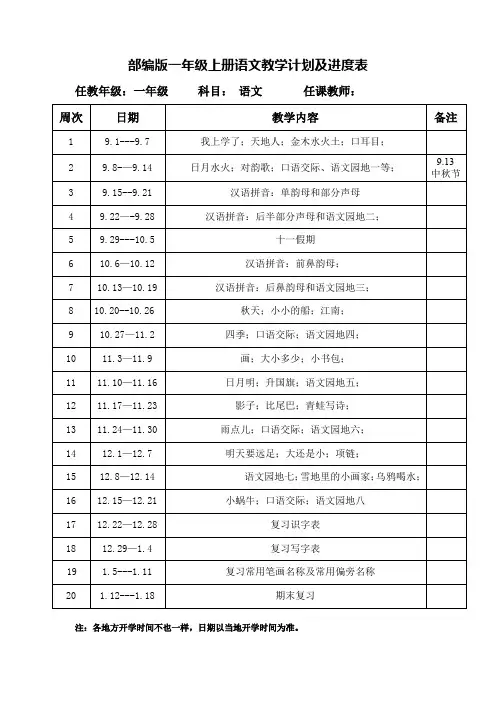 部编版一年级上册语文教学计划及进度表
