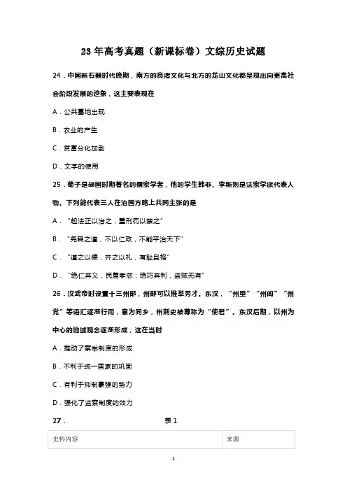 23年高考真题(新课标卷)文综历史试题