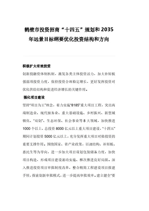 鹤壁市投资招商“十四五”规划和2035年远景目标纲要优化投资结构和方向