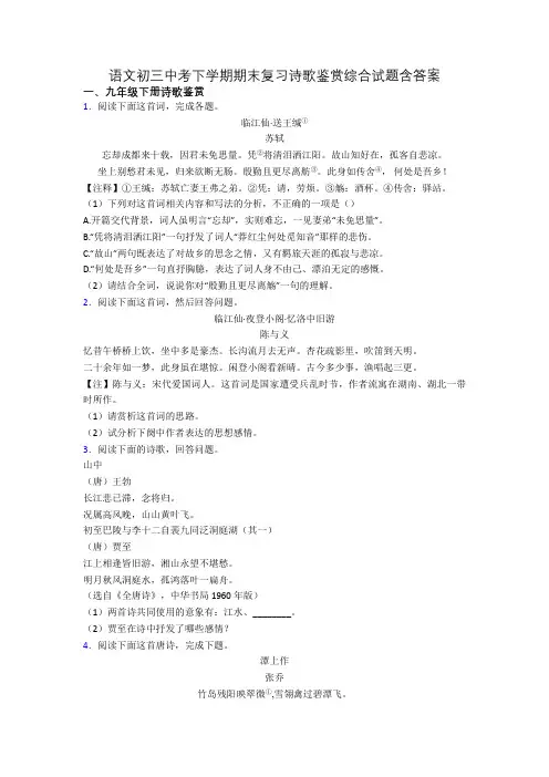 语文初三中考下学期期末复习诗歌鉴赏综合试题含答案