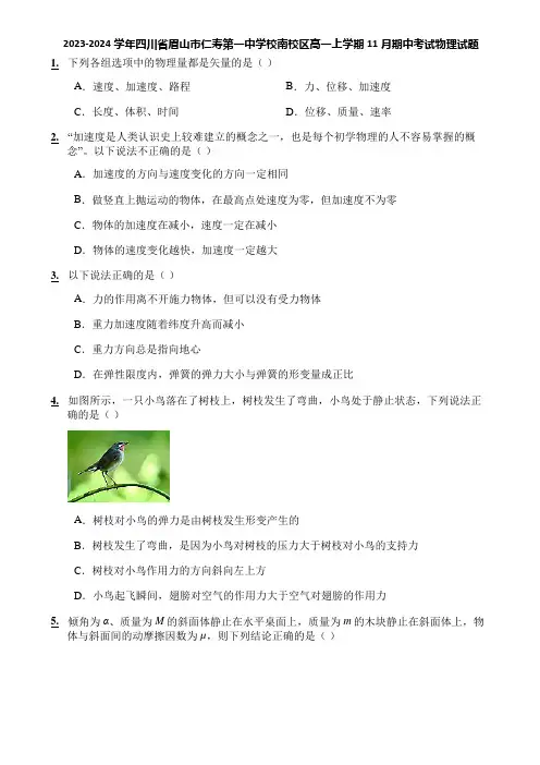 2023-2024学年四川省眉山市仁寿第一中学校南校区高一上学期11月期中考试物理试题