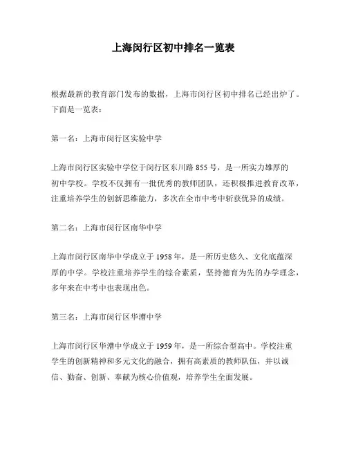 上海闵行区初中排名一览表