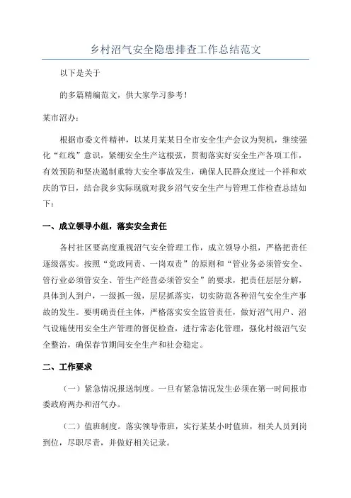 乡村沼气安全隐患排查工作总结范文