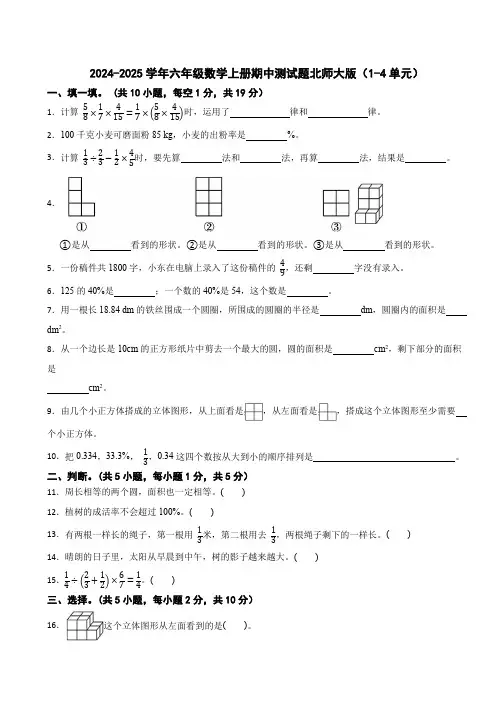  期中测试题(1~4单元)(试题)-2024-2025学年六年级上册数学北师大版 