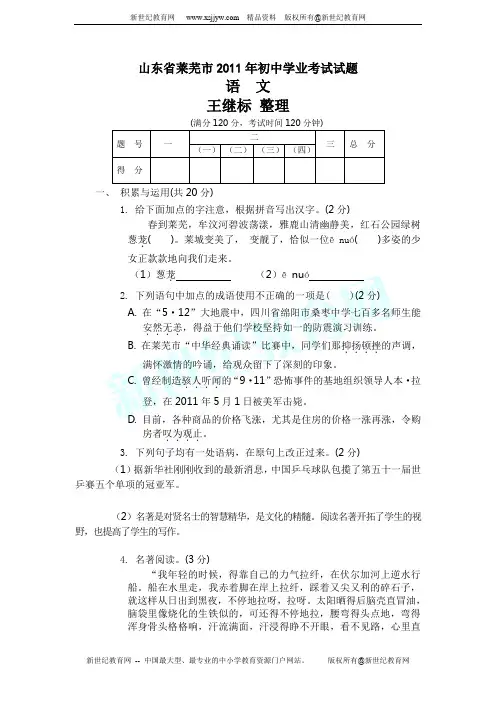 2011年山东省莱芜市中考语文试题(有答案)