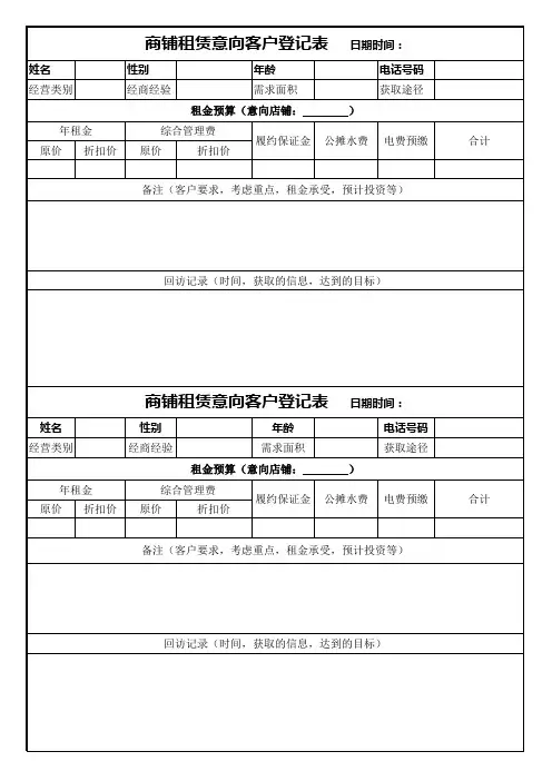 商铺租赁意向客户登记表--