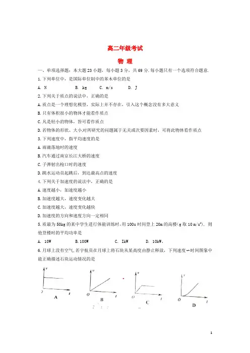 江苏省宿迁市高二物理下学期学业水平模拟试题
