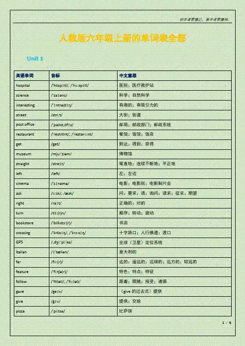 人教版六年级上册单词表全部