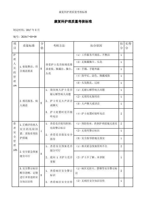 康复科护理质量考核标准