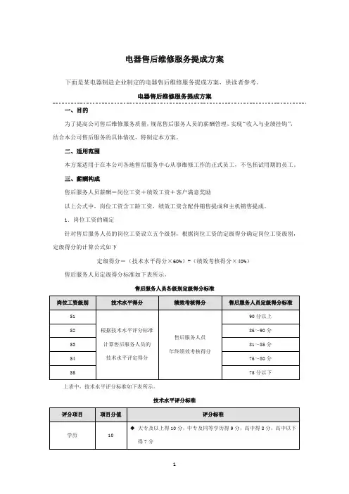 电器售后维修服务提成方案(附表)