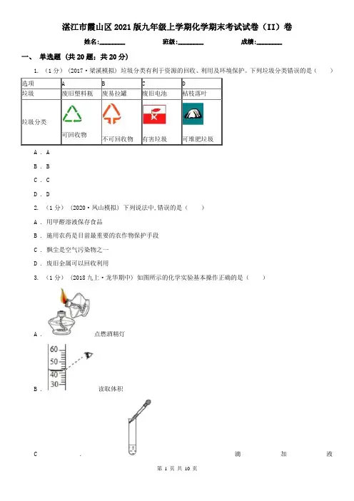 湛江市霞山区2021版九年级上学期化学期末考试试卷(II)卷