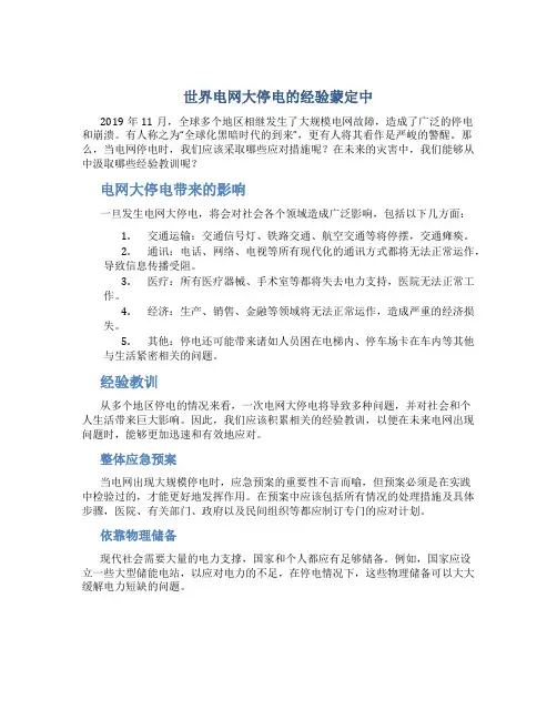 世界电网大停电的经验蒙定中