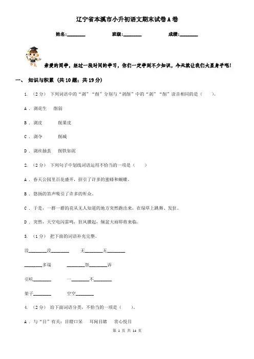 辽宁省本溪市小升初语文期末试卷A卷