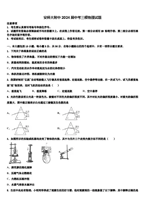 安师大附中2024届中考三模物理试题含解析