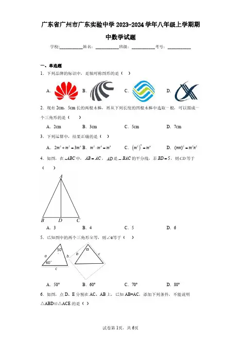 广东省广州市广东实验中学2023-2024学年八年级上学期期中数学试题(含答案解析)