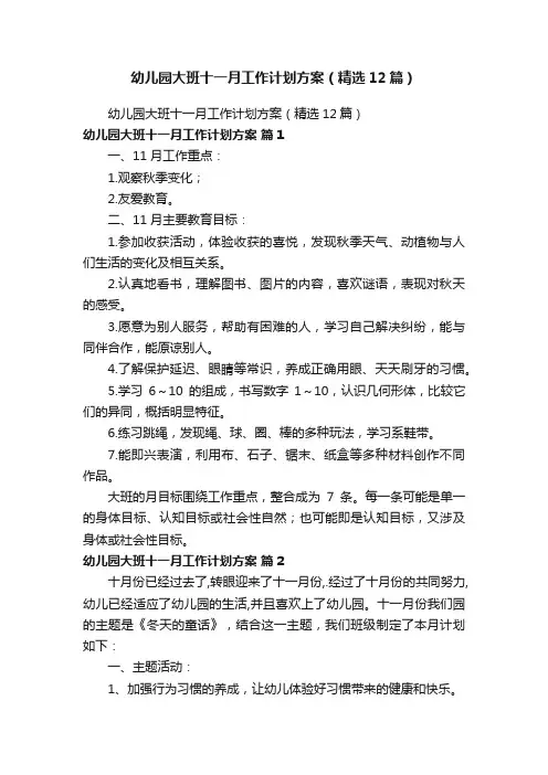 幼儿园大班十一月工作计划方案（精选12篇）