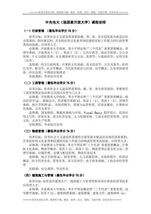 中央电大(现国家开放大学)课程安排