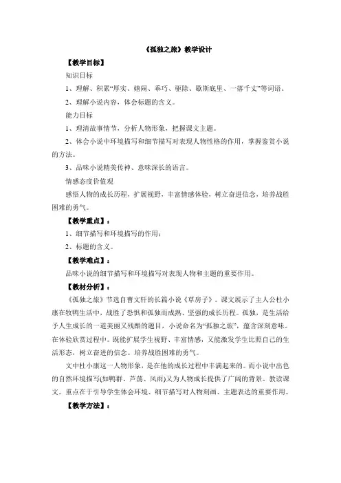 人教版九年级上册(2018部编版)第四单元16《孤独之旅》教学设计