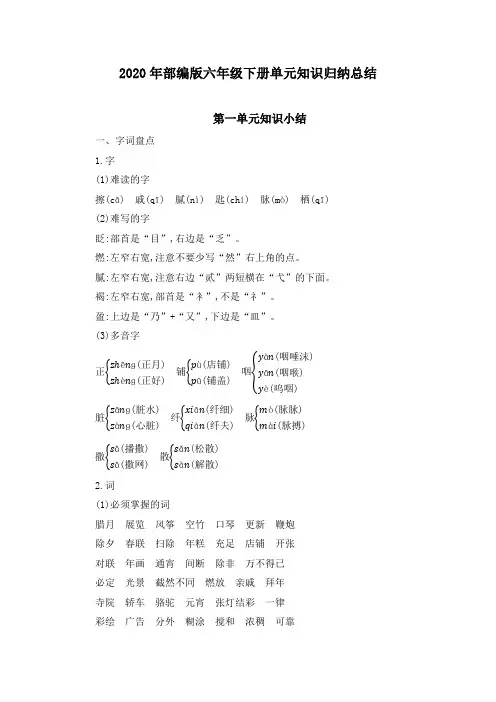 2020年部编版六年级下册单元知识归纳总结