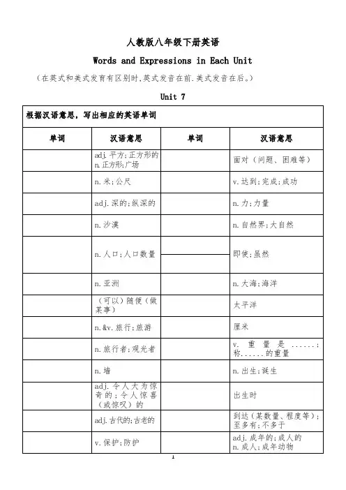 人教版八年级下册英语7-8单元单词默写本