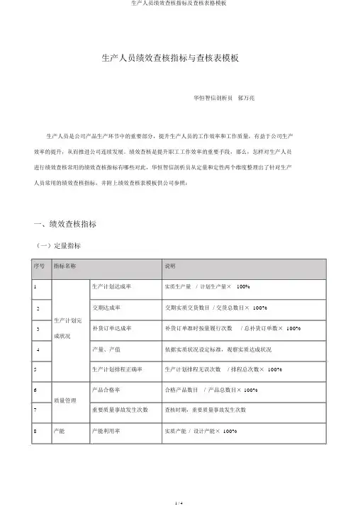 生产人员绩效考核指标及考核表格模板