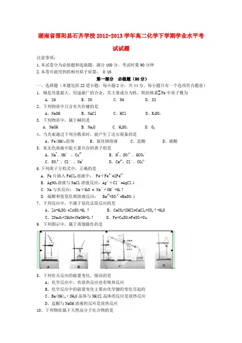 湖南省邵阳县石齐学校高二化学下学期学业水平考试试题(无答案)