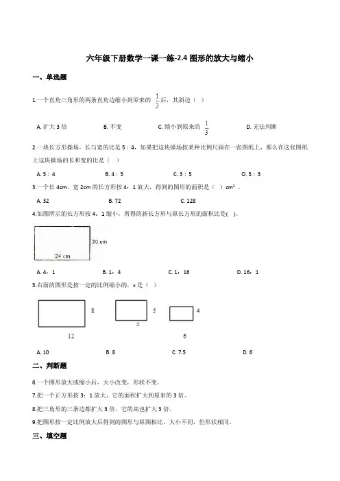 六年级下册数学一课一练-2.4图形的放大与缩小   北师大版(含答案)