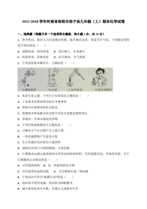 2017-2018学年河南省洛阳市洛宁县九年级上学期期末考试化学试卷(WORD版)