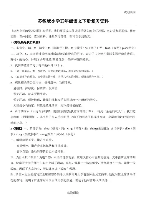 苏教版中心中心小学五年级语文下册复习资料全套
