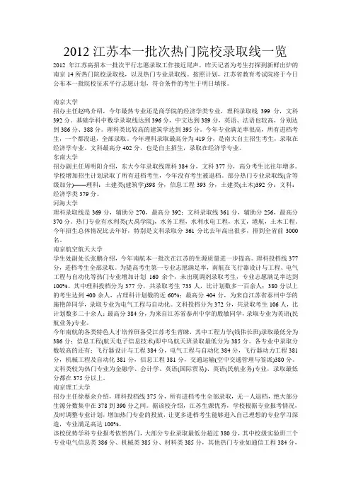 2012江苏本一批次热门院校录取线一览