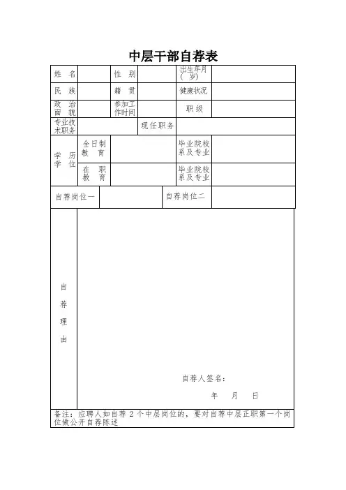 中层干部自荐表 (自我推荐表格模板)