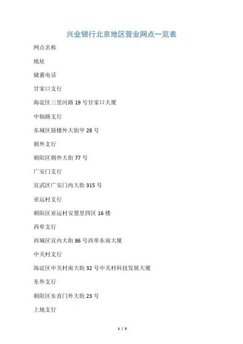 兴业银行北京地区营业网点一览表