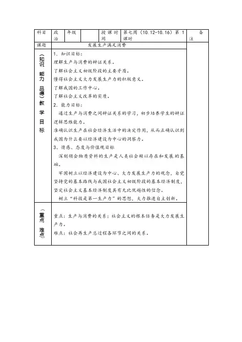 高中政治必修一《发展生产 满足消费》教学设计
